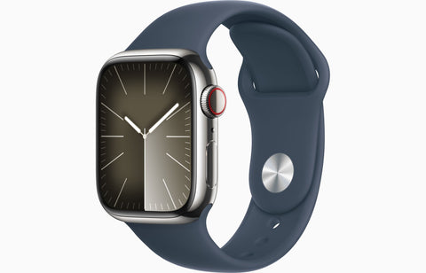 Apple Watch Series 9 GPS + Cellular 41mm Silver Stainless Steel Case with Storm Blue Sport Band - S/M