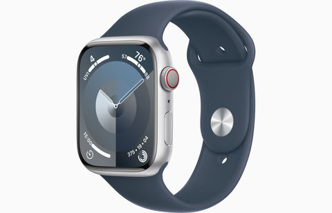 Apple Watch Series 9 GPS + Cellular 45mm Silver Aluminum Case with Storm Blue Sport Band - S/M
