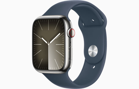 Apple Watch Series 9 GPS + Cellular 45mm Silver Stainless Steel Case with Storm Blue Sport Band - M/L
